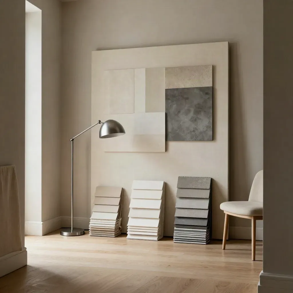 Refined consulting nook with abstract board, sample stacks, lamp and pushed-back cream chair.