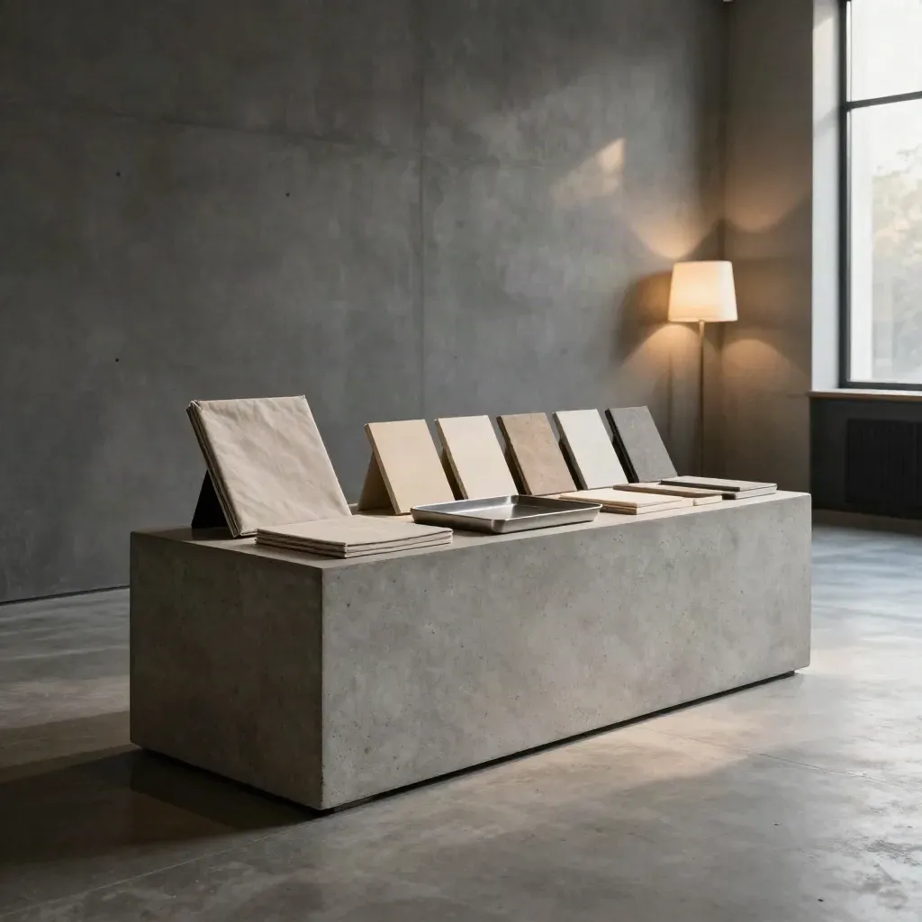 Concrete lobby display with a hero pedestal, aligned sample blocks, and warm sunlight.