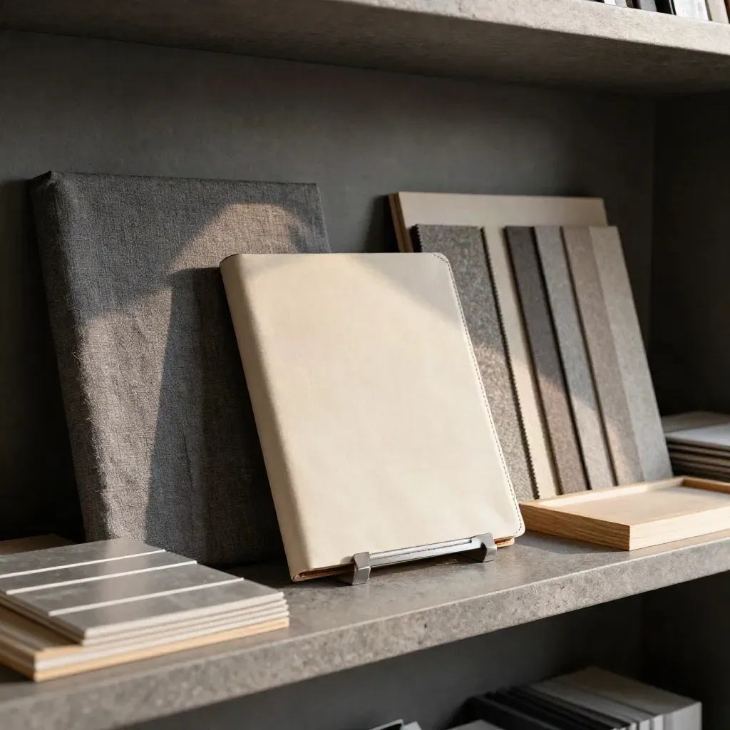 Closed strategy folio and neutral sample kit on a studio shelf, seen from above.