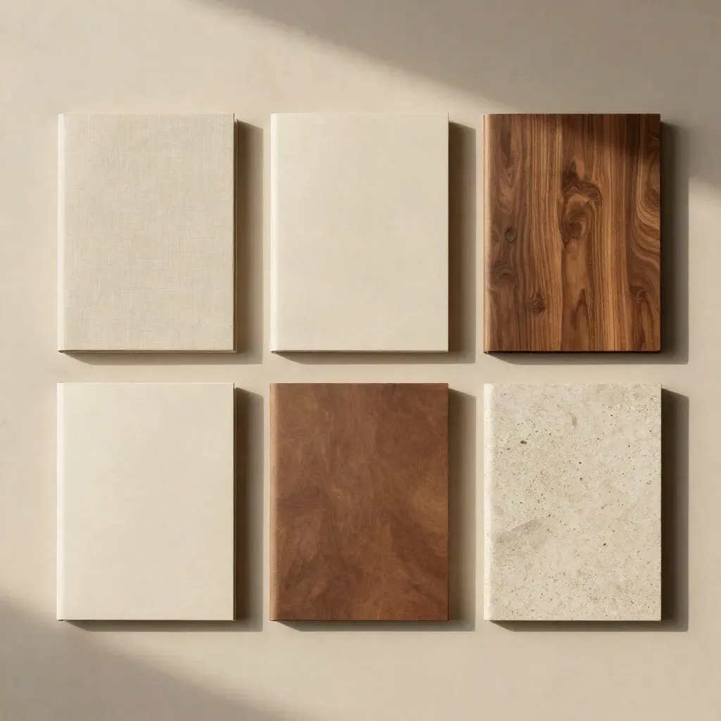 Three closed folios, sample boards, and material swatches on a warm ivory flatlay.