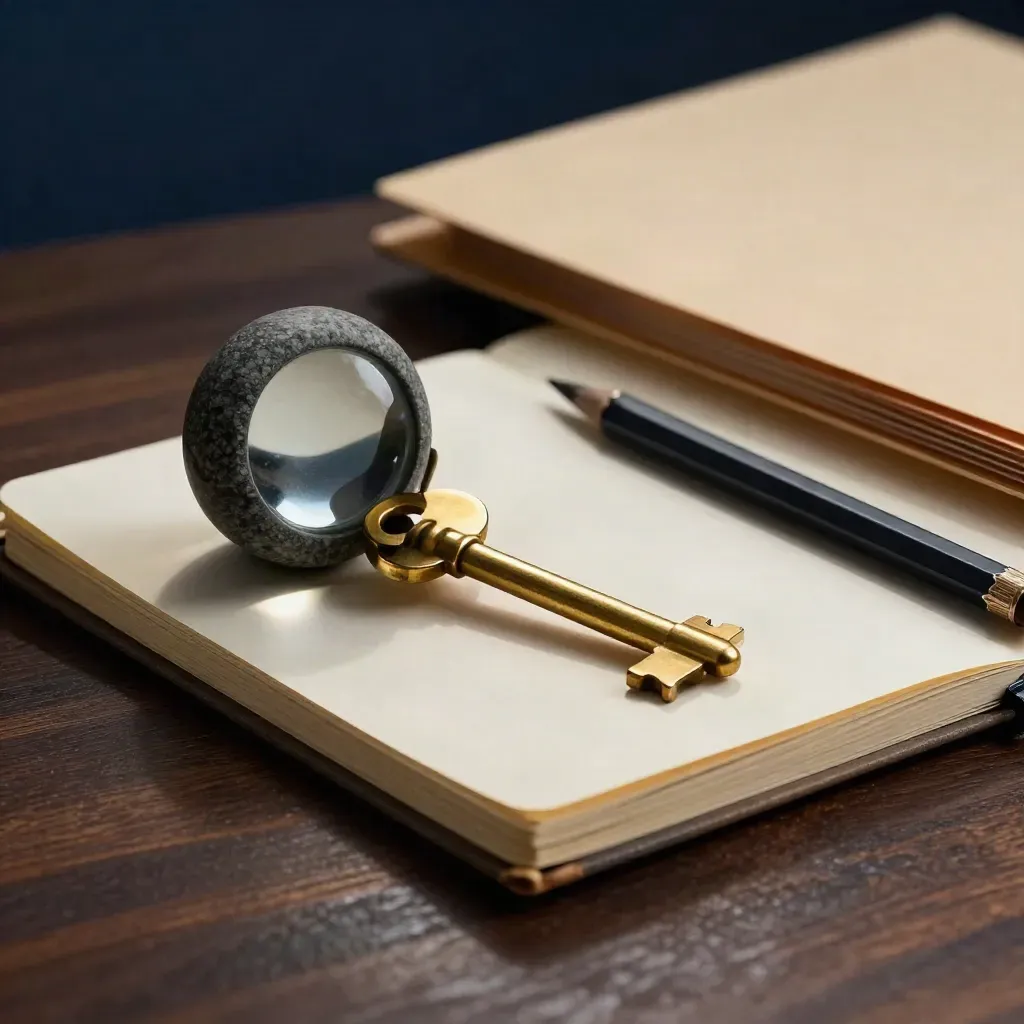 Consulting tools on dark walnut: stone paperweight, brass divider, notebook, pencil, archive folder.