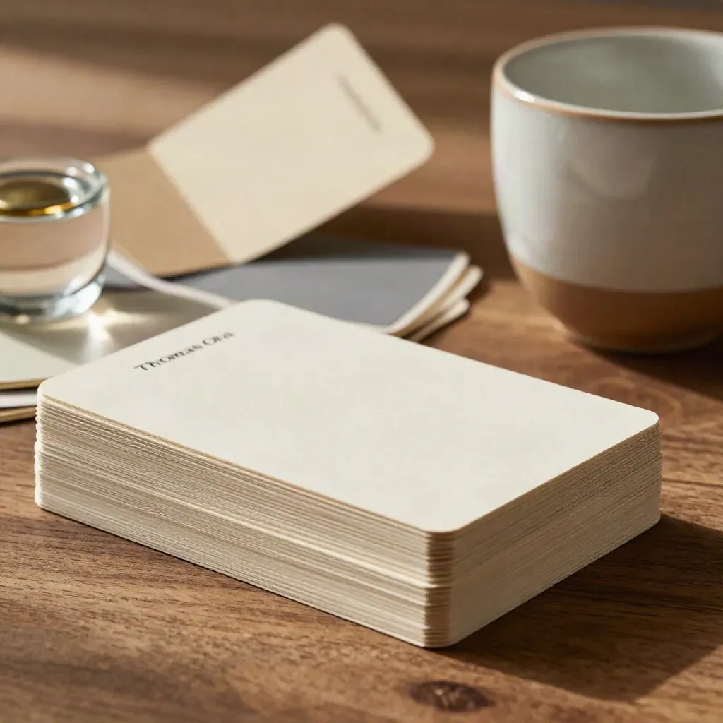 Ivory cards, color swatches, glass weight and ceramic cup on walnut wood in soft daylight.