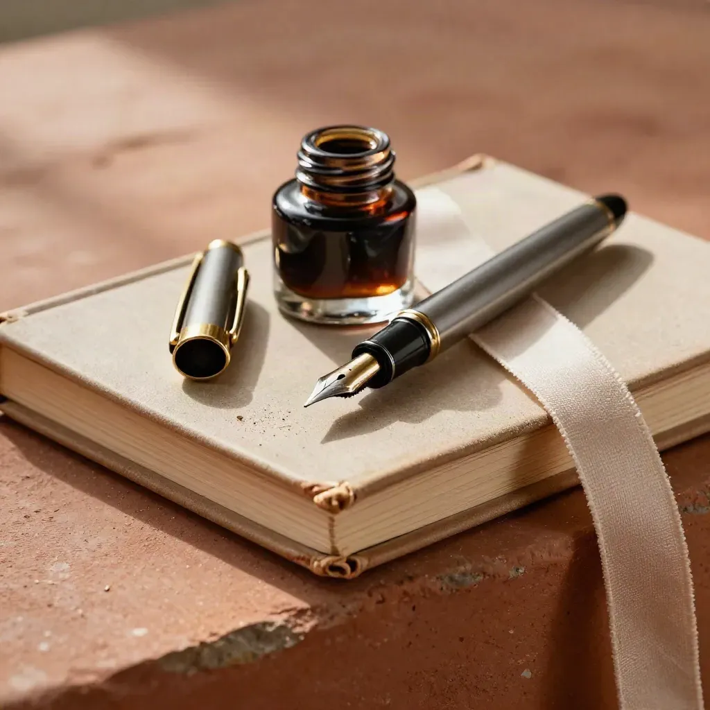 Capped fountain pen, brass bookmark, inkwell and clothbound book on terracotta clay.