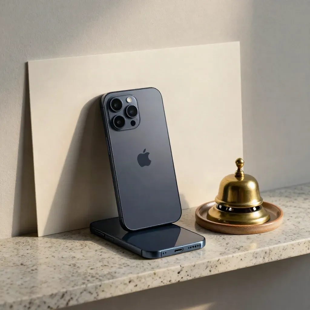 Face-down phone beside a brass bell and ceramic dish on stone.