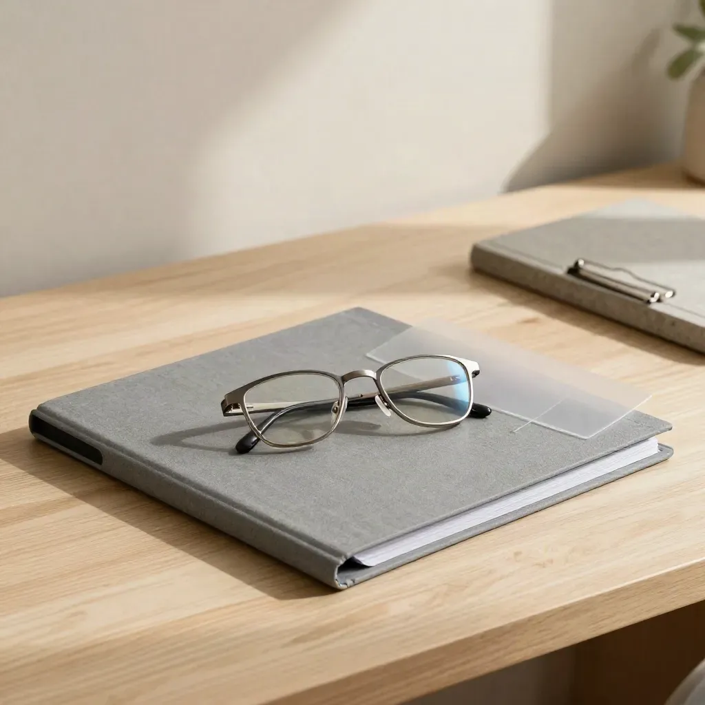 Slate folder, glasses, acetate overlays, and stone board on pale oak