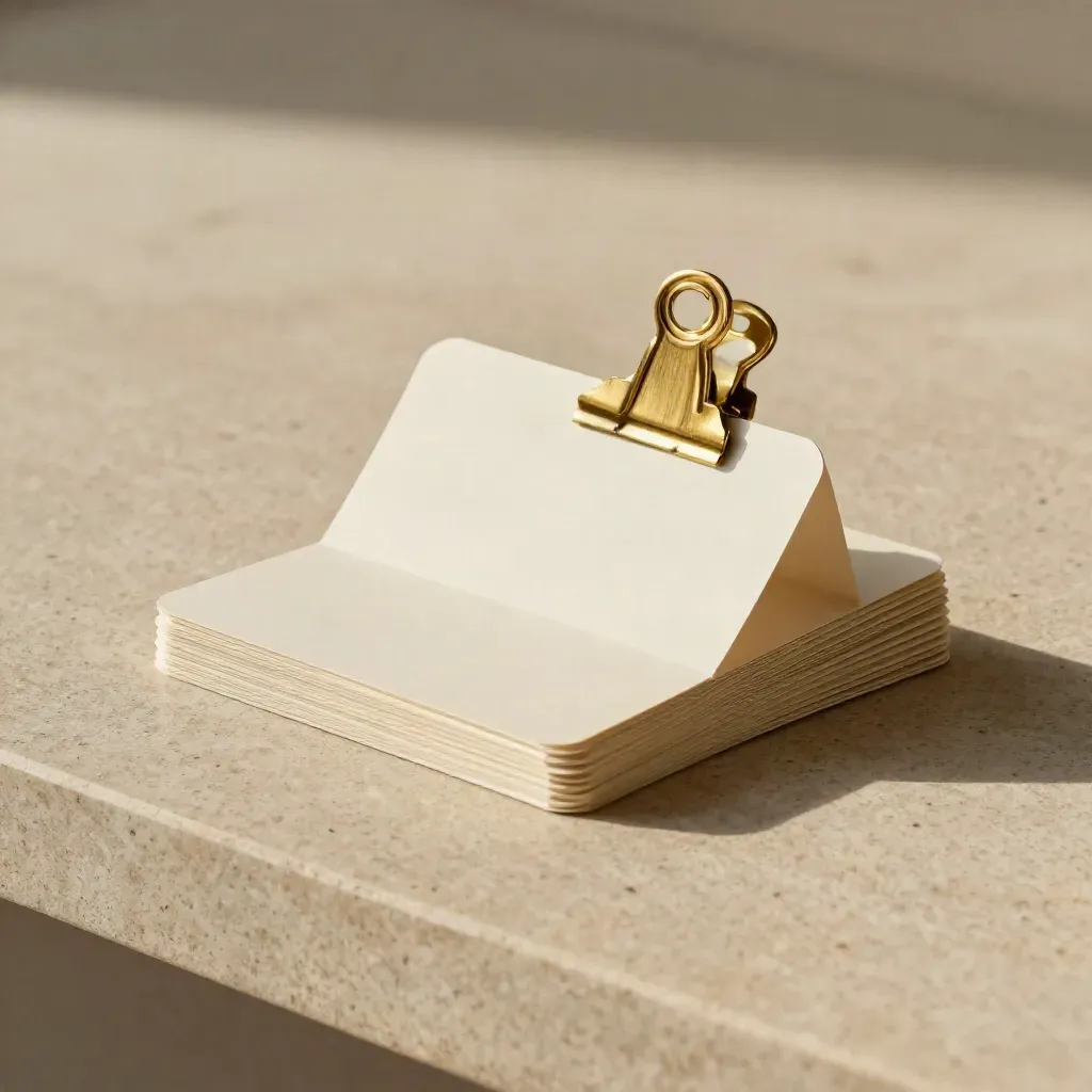 Ivory cards, brass clip, and neutral tabs on a soft plaster sweep with calm side light.