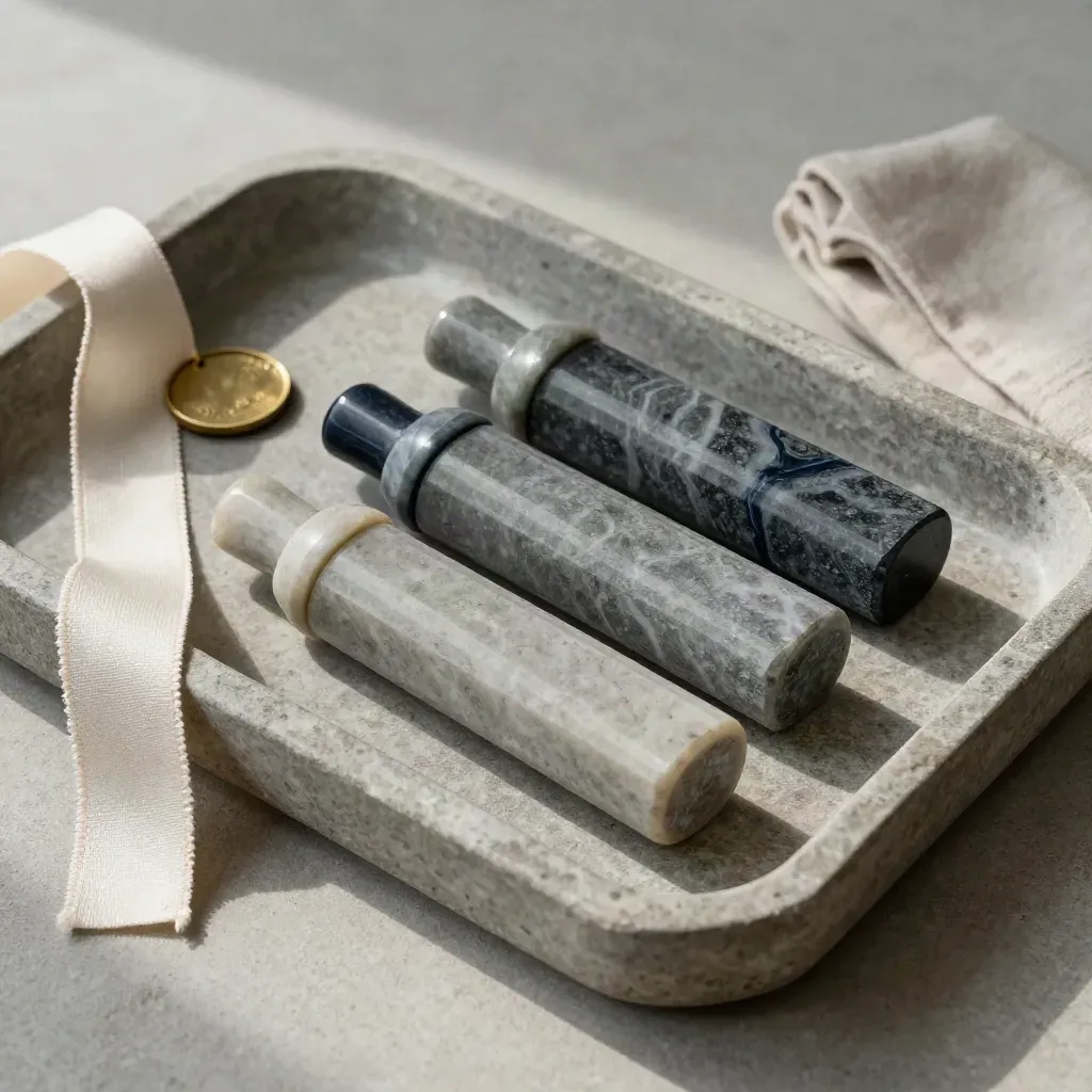 Stone markers, linen ribbon loop and brass token arranged on a neutral tray in soft side light.