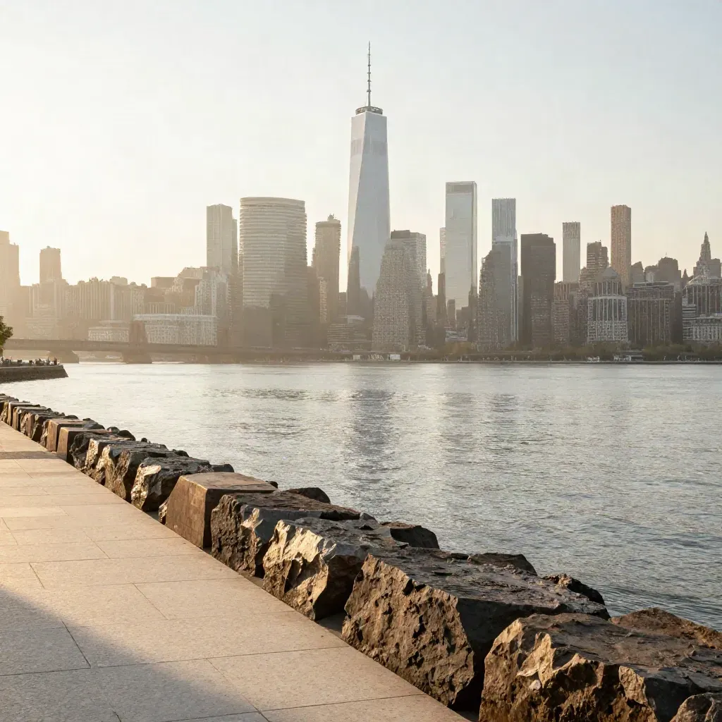 Brooklyn waterfront view of the New York skyline through pale morning haze