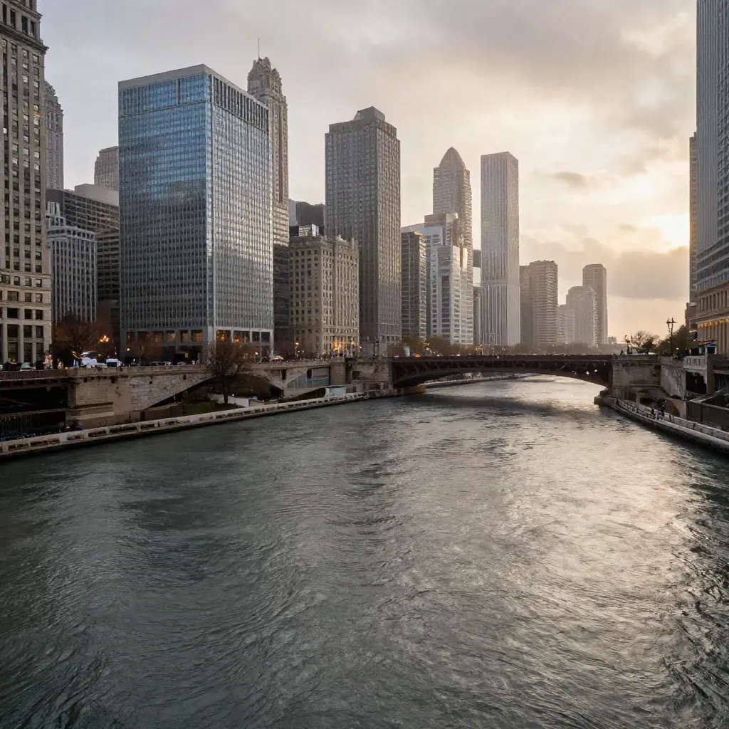 Chicago River and Loop skyline in post-rain haze, towers high over calm water