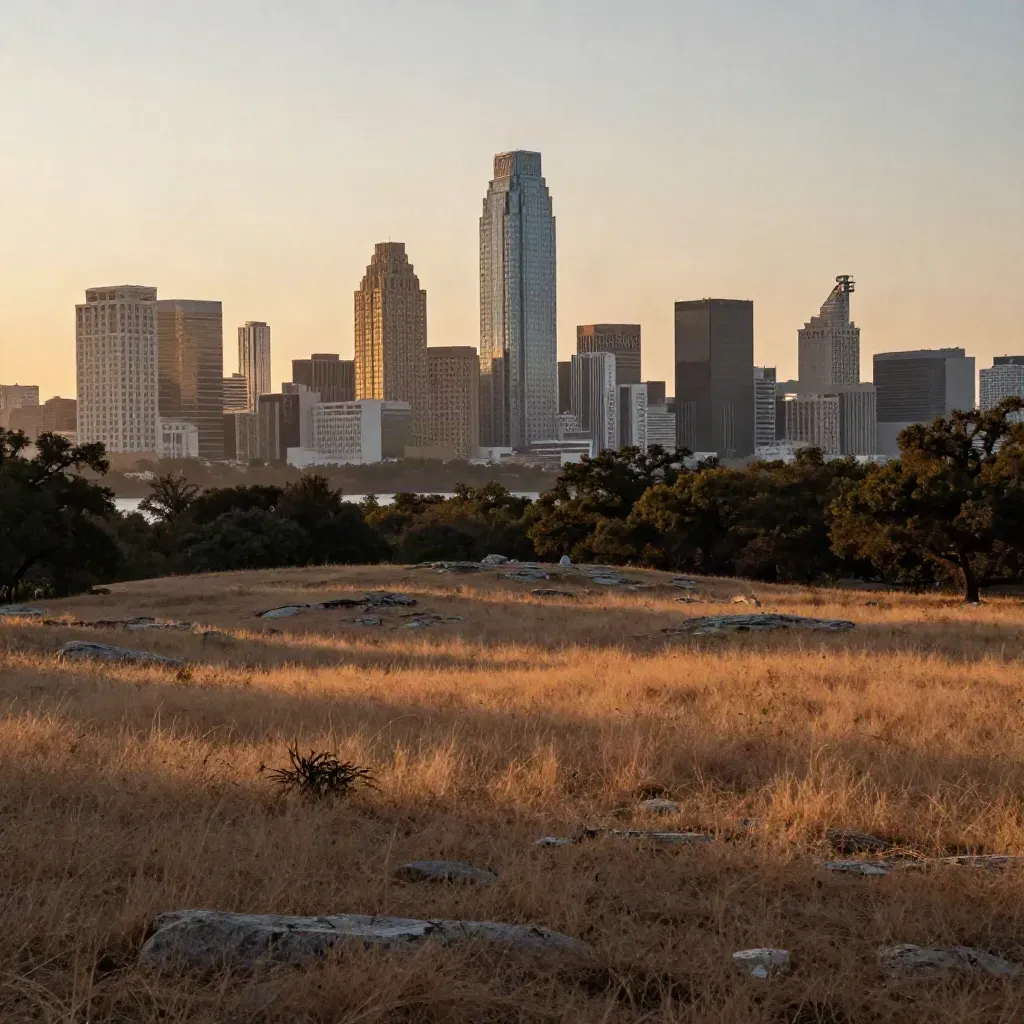 Austin skyline at sunset above live oaks and hazy hills, with calm open foreground for copy