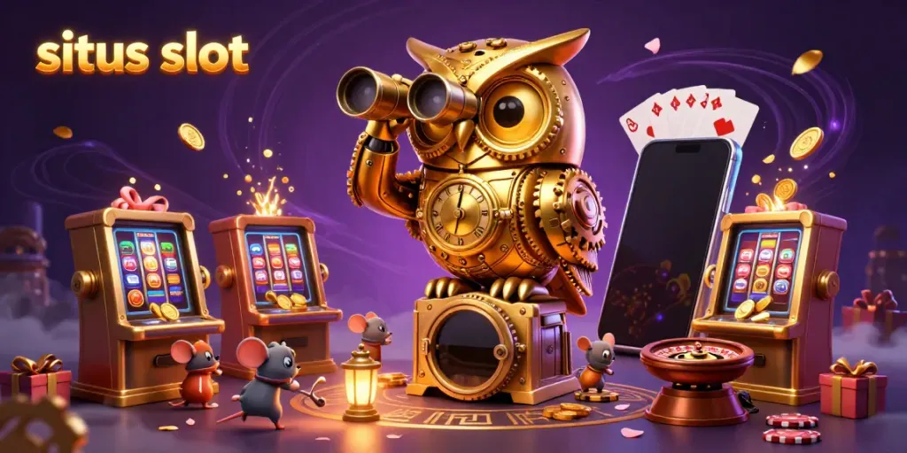 Gambar menarik tentang situs slot dengan burung hantu emas berfungsi sebagai penjaga di kasino.