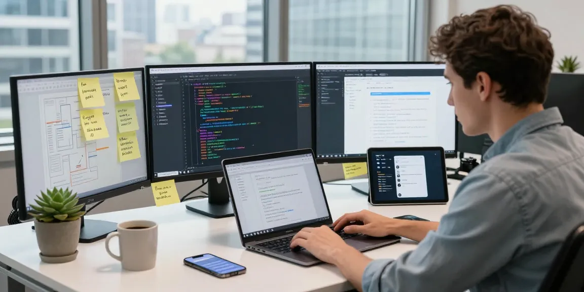 Developer building internal tools with AI in a modern workspace, showcasing code and collaboration.