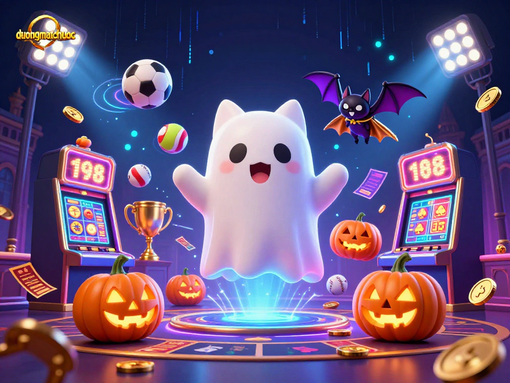 Engage with duongmatchuoc's vibrant casino world featuring a ghost cat, a vampire bat, and glowing jack-o-lanterns.