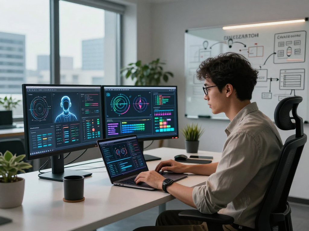 An innovative AI 18+ technology workspace with a professional analyzing data on sleek laptops.