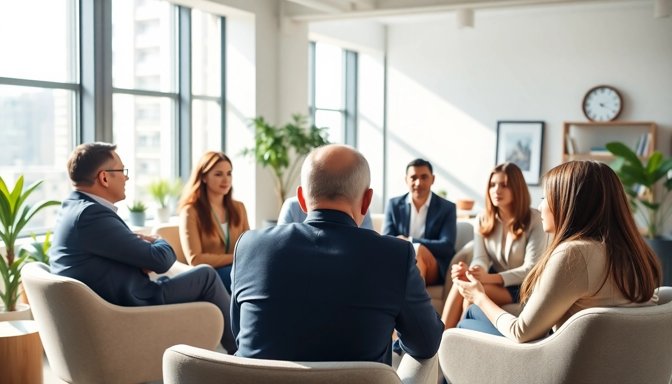 Engaged executives with corporate executive coach California in a vibrant office setting.