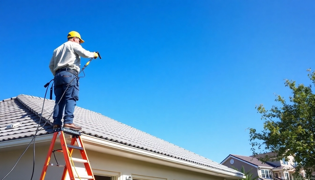 Roof cleaning crew performing professional services on a residential property.