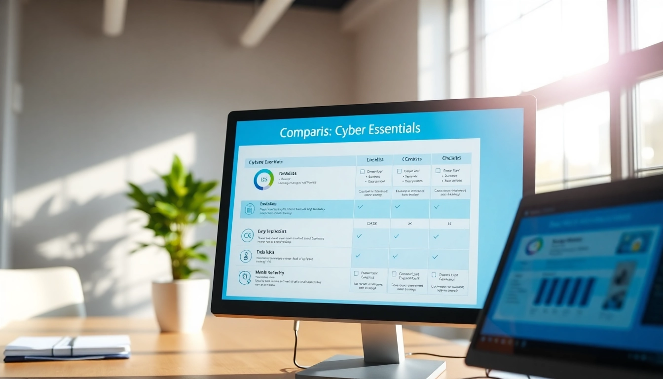 A visual analysis contrasting cyber essentials vs iso 27001 with digital charts in a modern office setting.