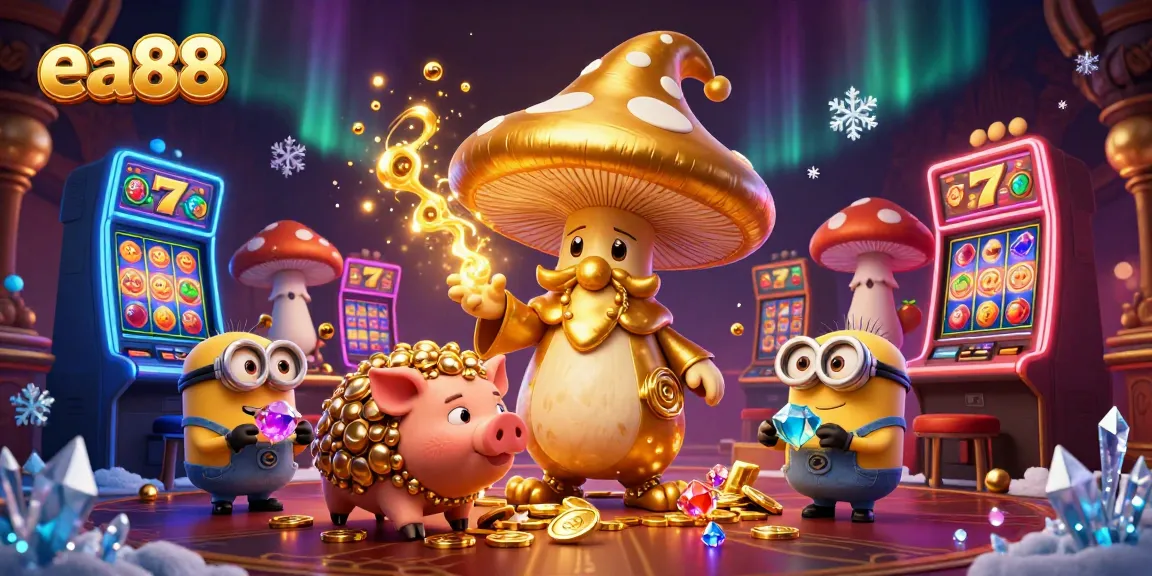 Experience magical wins at ea88 with a golden mushroom wizard and slots amidst vibrant gaming elements.