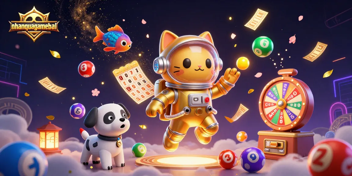 Engage with nhanquagamebai's thrilling gameplay amidst floating lottery balls and vibrant casino elements.
