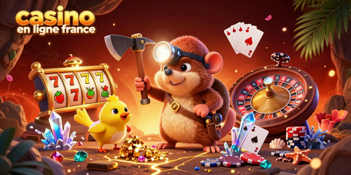 Illustration dynamique pour casino en ligne France présentant un mole chasseur de trésor et un compagnon canari.