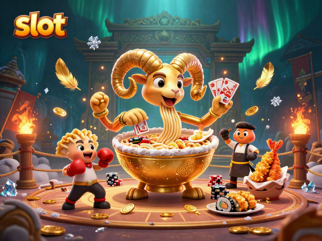 Engage in slots with dynamic action in a whimsical casino scene featuring a giant ramen bowl.