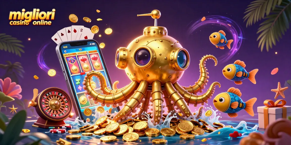 Scopri i migliori casino online in un'illustrazione vivace con l'kraken e slot colorate.