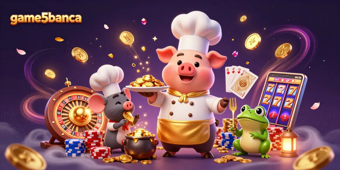 Game5banca showcases a delightful casino scene with chef pig, sous-chef mouse, and critic frog amidst gold coins.