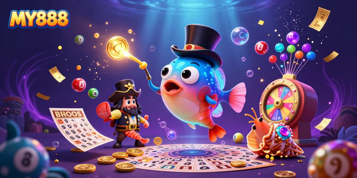 Experience the excitement of MY888 with animated characters and vibrant casino elements in this thrilling illustration.