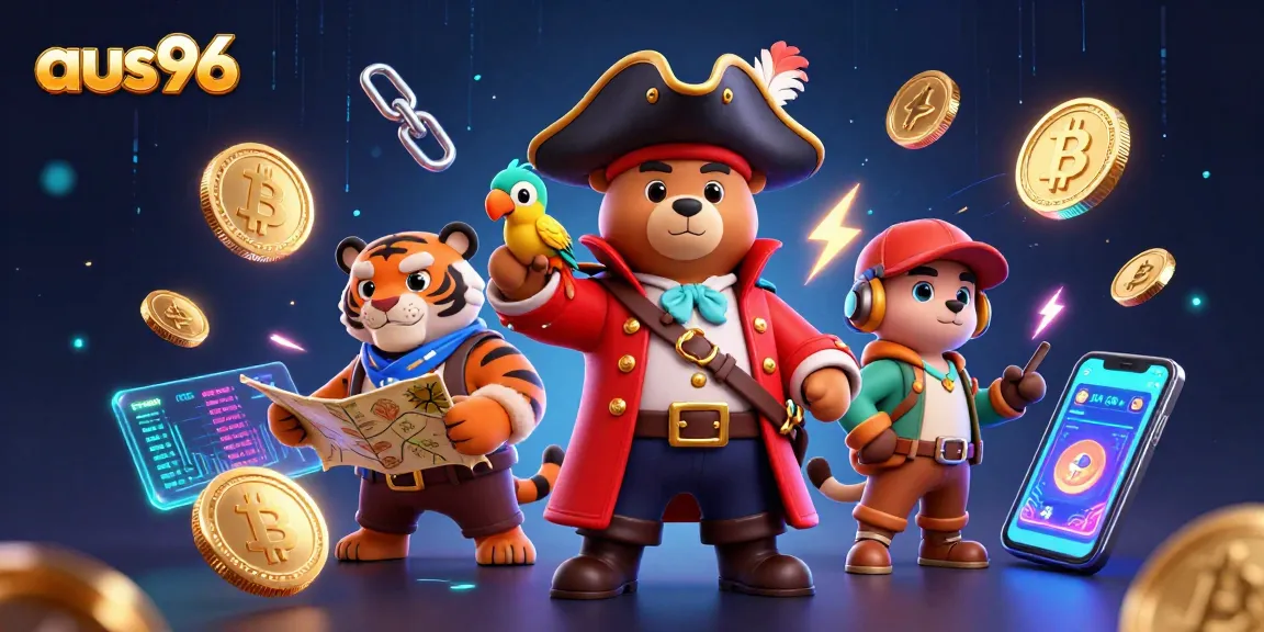 Spin and win with aus96 featuring a pirate captain, tiger first mate, and crypto elements.