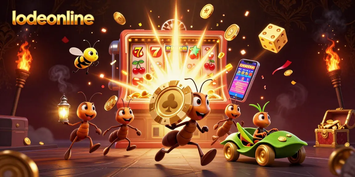 Experience thrilling lodeonline gameplay as ants transport a giant poker chip in this vibrant illustration.