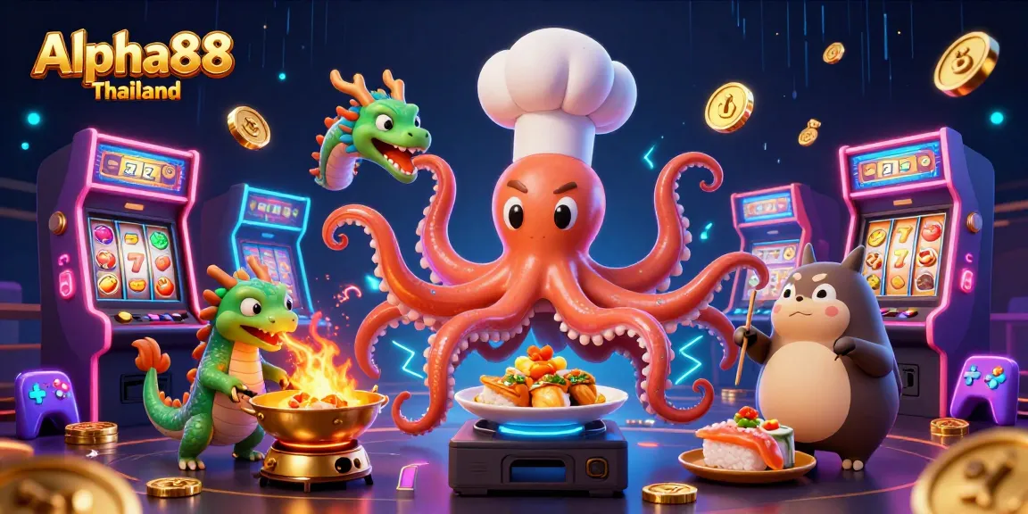 Experience thrilling gaming at Alpha88 Thailand, featuring an octopus chef and a dragon in an action-packed casino scene.