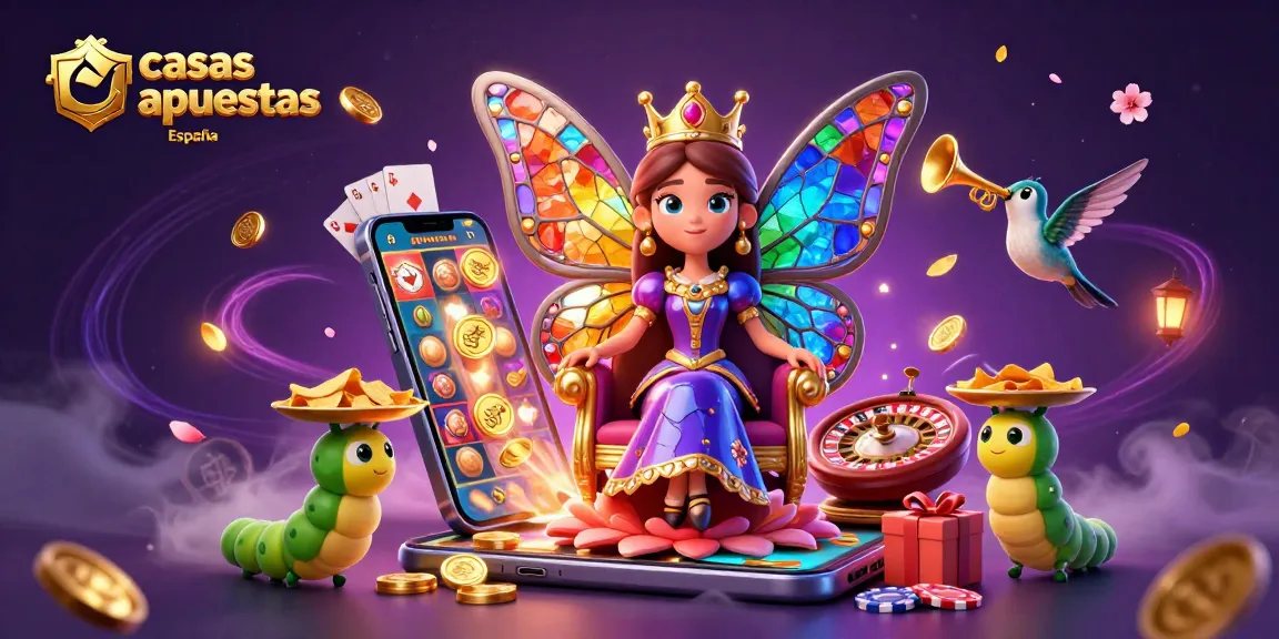 Casas apuestas España: animación colorida de la reina mariposa en un entorno de casino vibrante.
