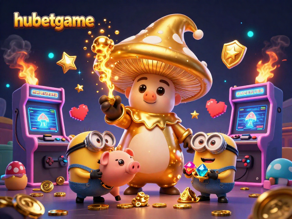 Win big at hubetgame with a magical 3D casino illustration featuring a golden mushroom wizard.