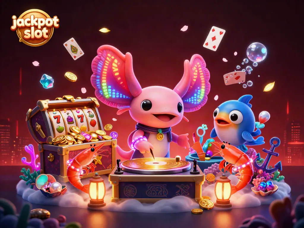 Experience the thrill of the jackpot slot world with an energetic underwater casino scene featuring unique characters.