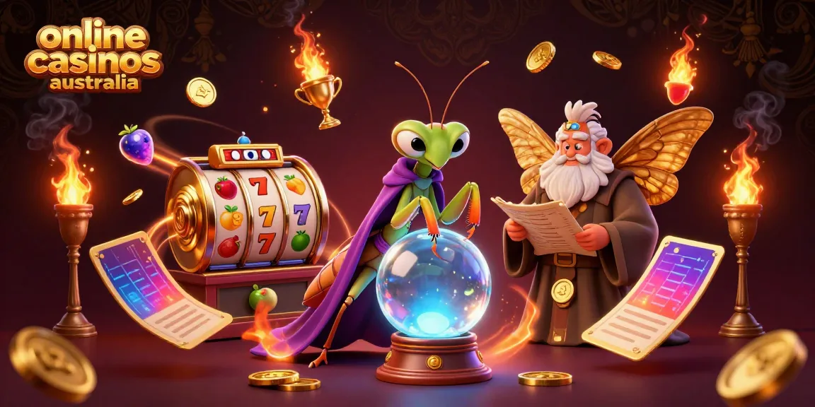 Experience the enchanting atmosphere of online casinos Australia with a mystical scene of fortune tellers and slot machines.