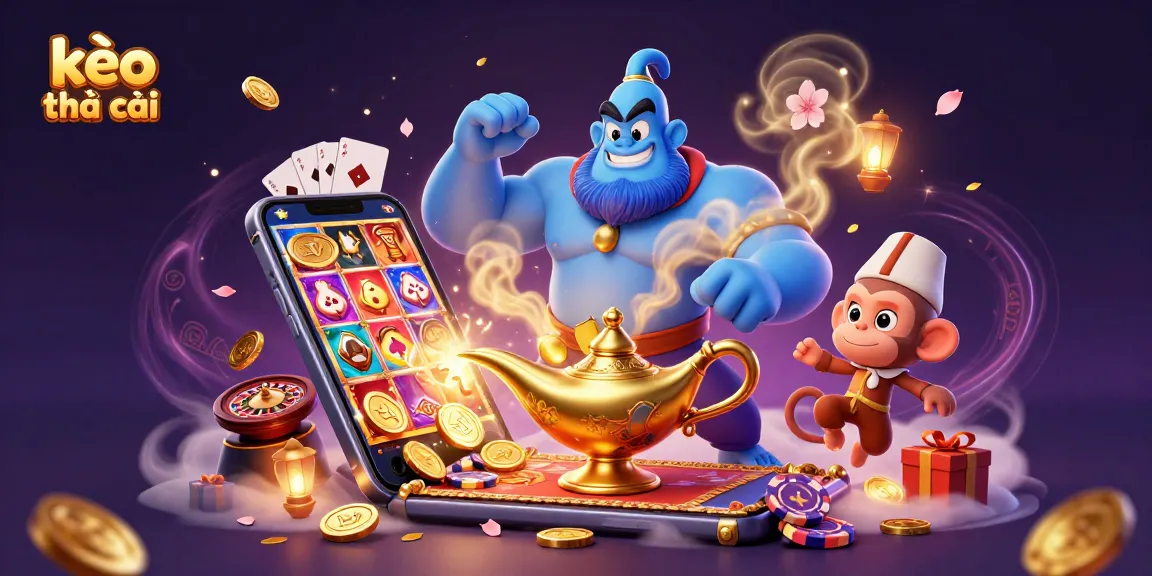 Bet on kèo nhà cái with dynamic gambling elements featuring a genie, magic carpet, and slot games.