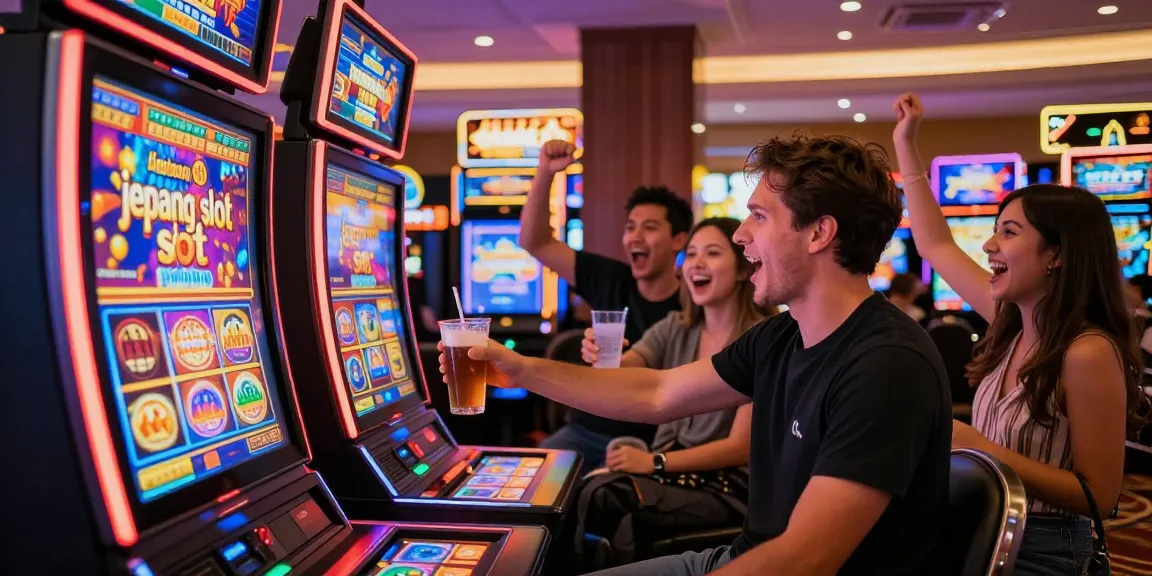Exciting moment at a casino with a player engaging in a Jepang slot machine, vibrant lights and atmosphere.