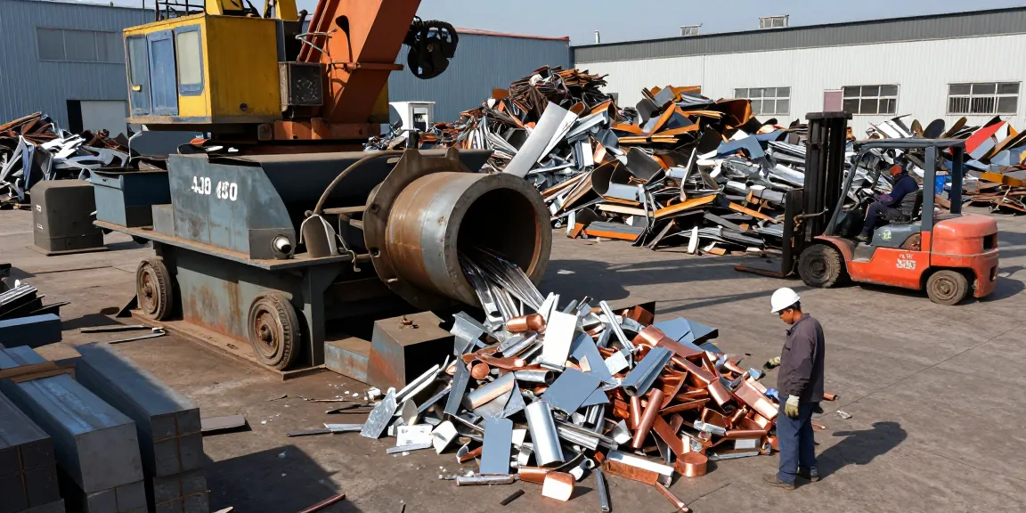 Tempat daur ulang logam dengan pekerja aktif memproses scrap metal di https://www.scrapsolutionplace.com/ dengan pencahayaan yang cerah dan alat berat.
