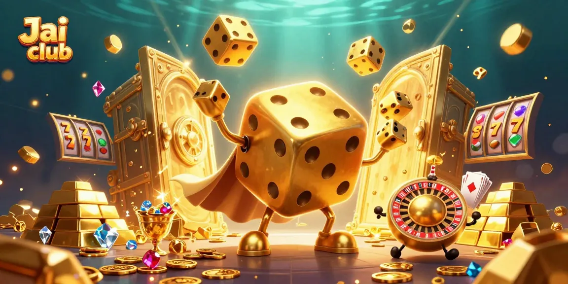 Engage with stunning gaming visuals at Jai club, featuring golden dice and vibrant casino elements