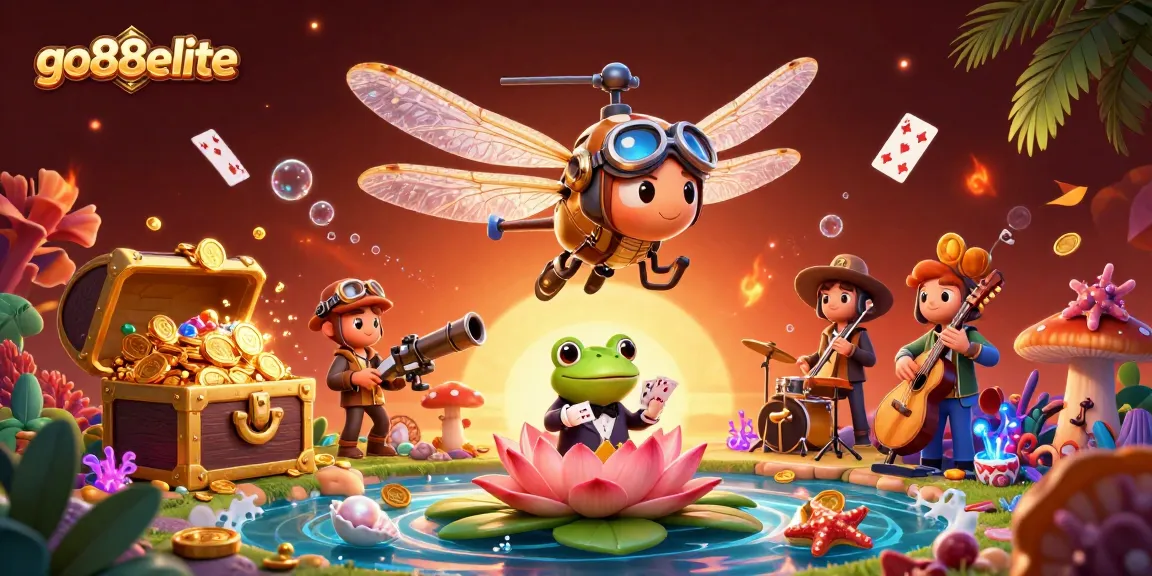 Experience the excitement at go88elite with vibrant casino action featuring a dragonfly pilot, frog dealer, and jazz band.
