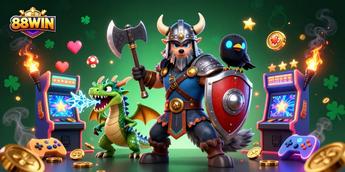 Experience thrilling gaming with 88WIN's vibrant casino adventure featuring a Viking warrior and dragon.