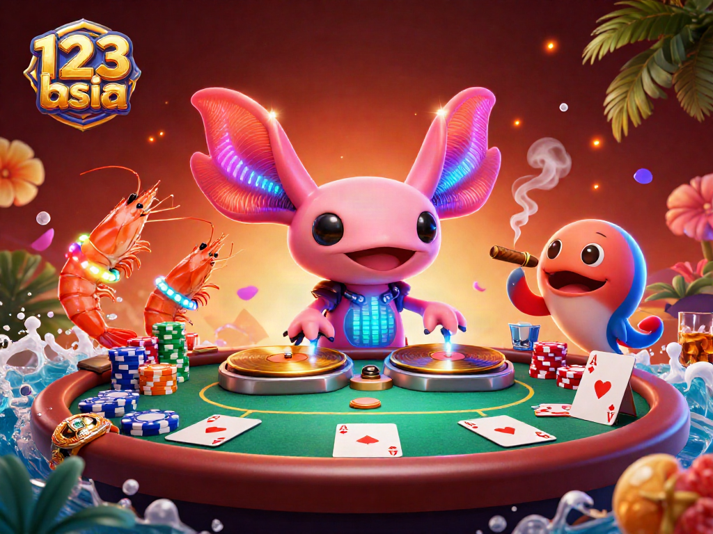 Engage with the vibrant world of casino fun featuring 123b asia, as axolotl DJ spins records with lively shrimp dancers.