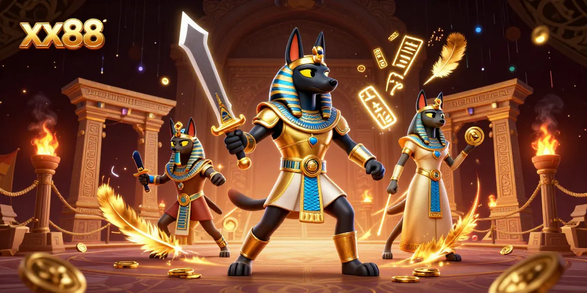 Experience the excitement of xx88 with Anubis and Bastet in a vibrant 3D casino scene.
