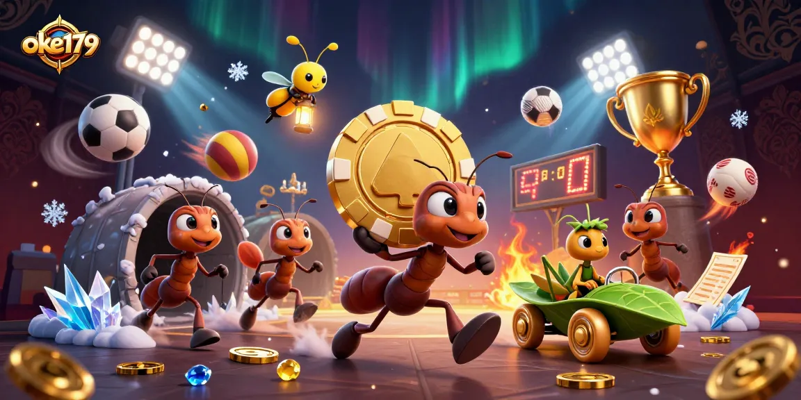 Engaging scene featuring oke179's cartoon ants carrying a giant poker chip amid vibrant casino elements.