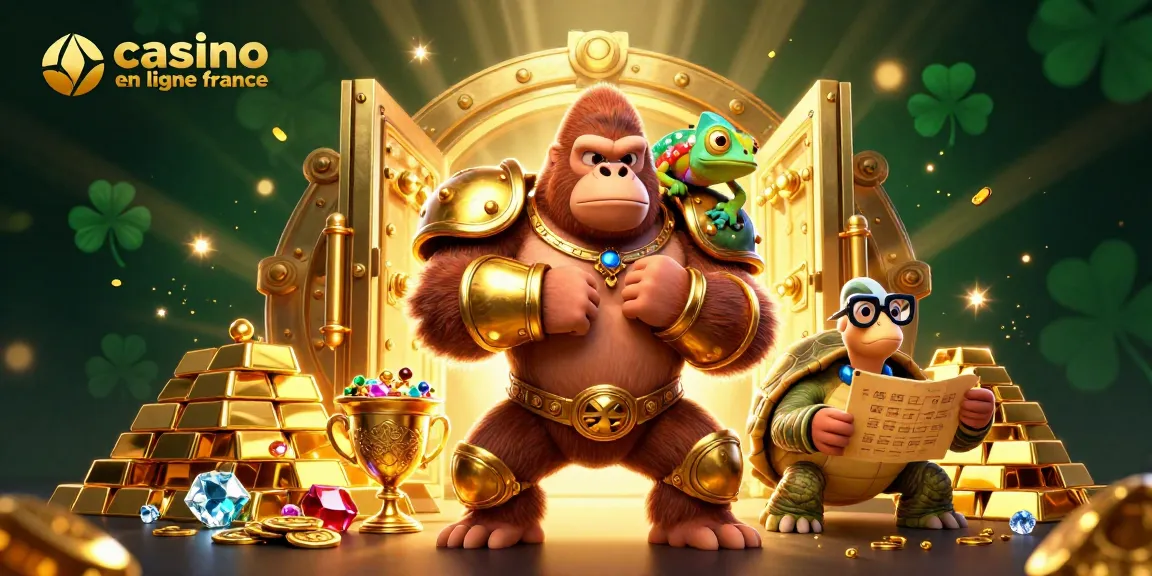 Illustration de casino en ligne France avec un gorille roi et un caméléon, entouré de trésors et de symboles de chance.