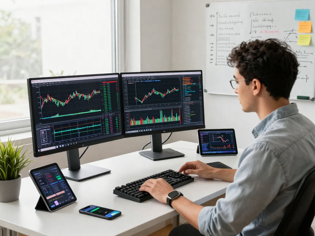 Developer analyzing TradingView charts in a modern workspace with dual monitors and financial news displayed.
