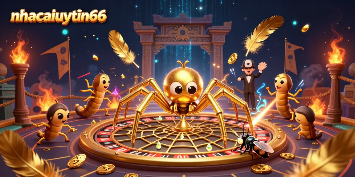 Experience thrilling bets with the golden spider at nhacaiuytin66's casino roulette wheel.