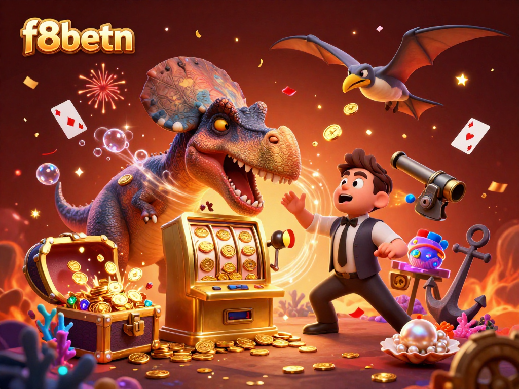Win big at f8betn with a cartoon dinosaur hitting a slot machine amidst flying coins and festive decorations.
