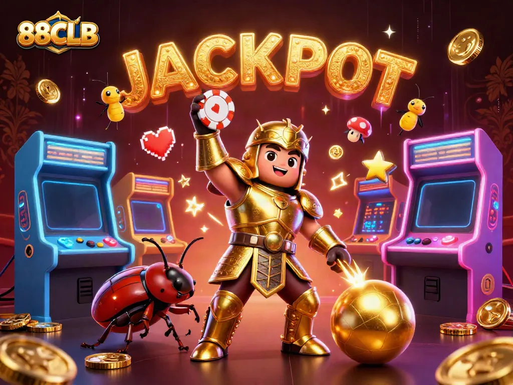 Experience excitement with 88CLB as the cartoon hercules beetle celebrates a jackpot win in a vibrant casino scene.