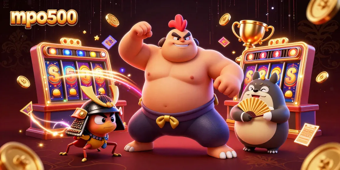 Engage with mpo500's exciting slots and jackpots in this vibrant 3D illustration featuring dynamic characters.